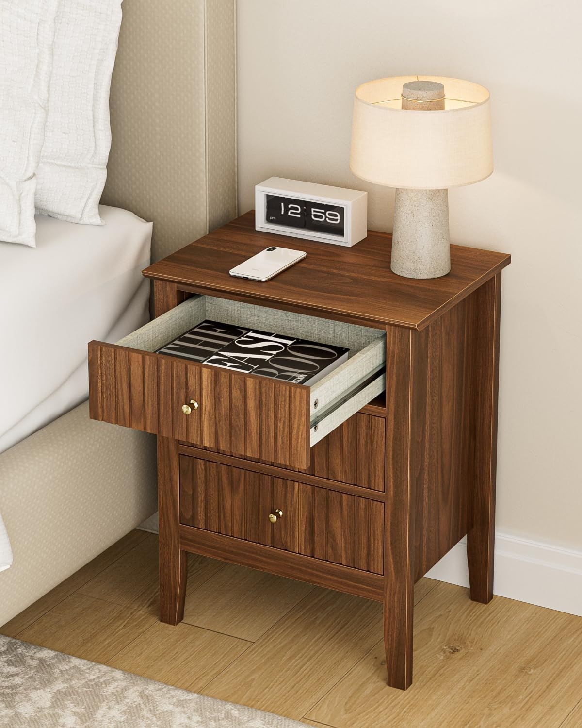 Night Stand, Fluted Nightstand Bedside Tall Farmhouse Nightstand with 3 Drawers, Mid Century Modern Side Accent Table,Bedside End Table for Bedroom, Living Room, Walnut