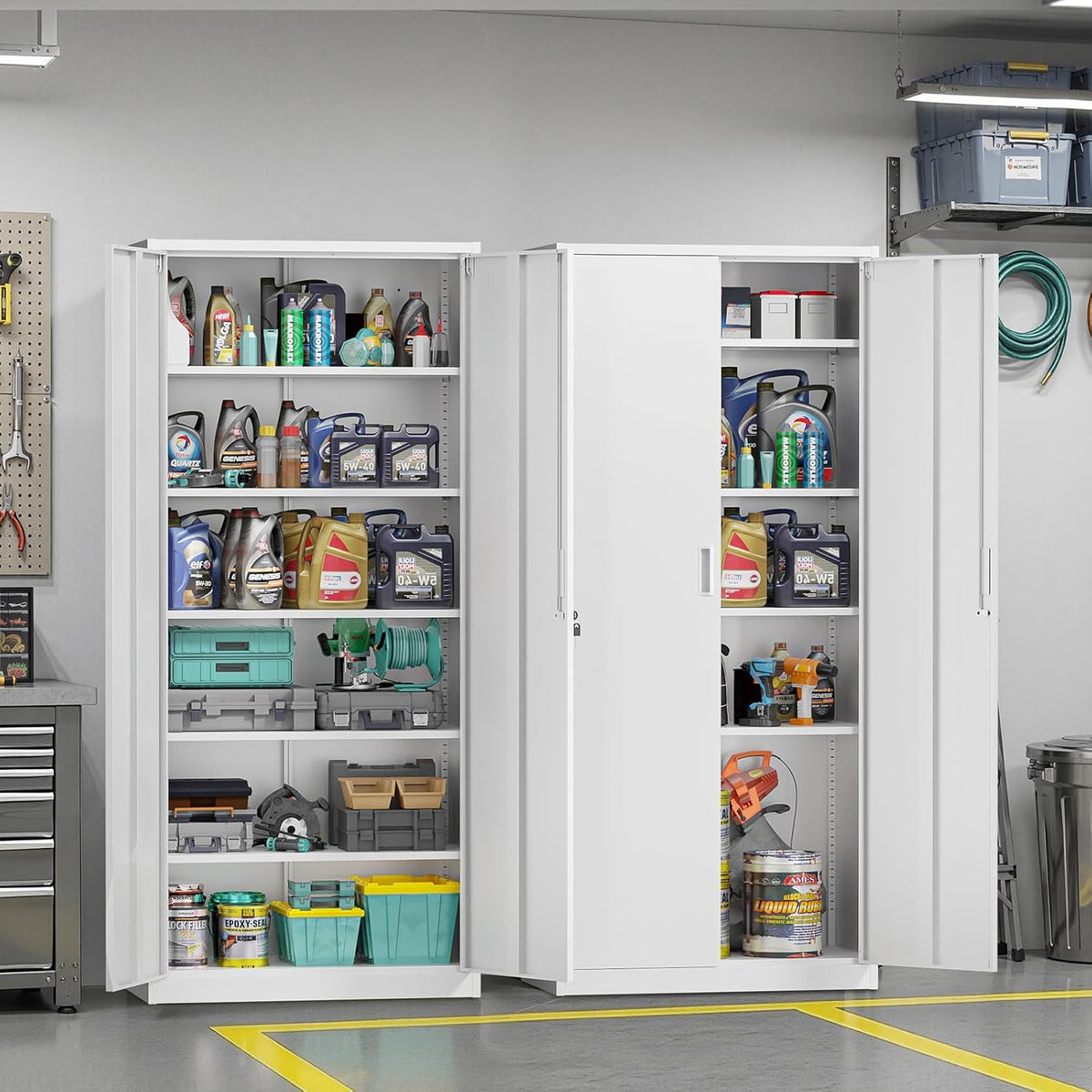 VINGLI Metal Garage Storage Cabinet with 2 Doors and 5 Adjustable Shelves, 71" Tall Steel Lockable File Cabinet, Locking Tool Cabinets for Home Office Garage Gym School (White)