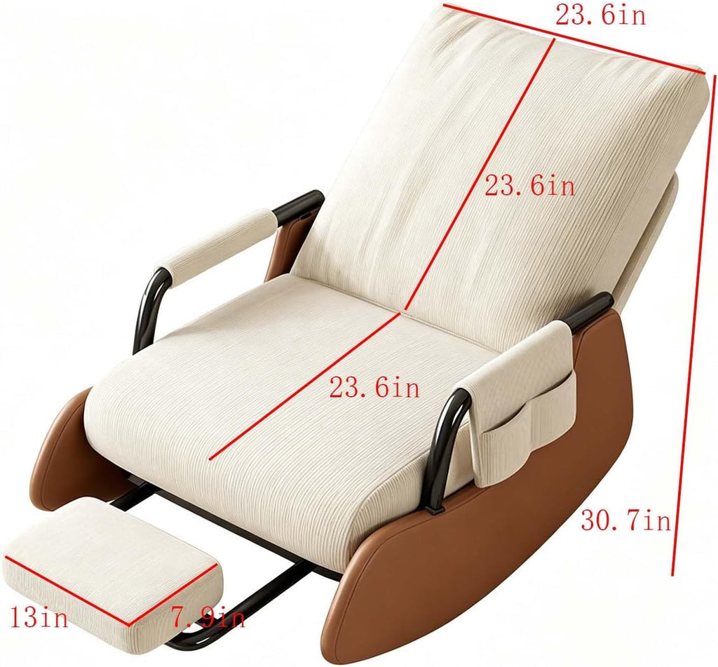 Portable Folding Rocking Lounge Chair with Detachable Footrest | Breathable Corduroy Single Relax Chair with Side Pocket for Home Rest