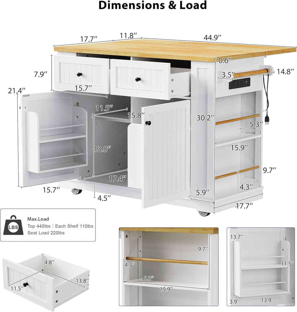 48" Kitchen Island with Drop Leaf, Power Outlet and Wheels | Drop Leaf Extension, Built-In Power Outlet, Rolling Wheels, 48 Inch Width, Kitchen Storage