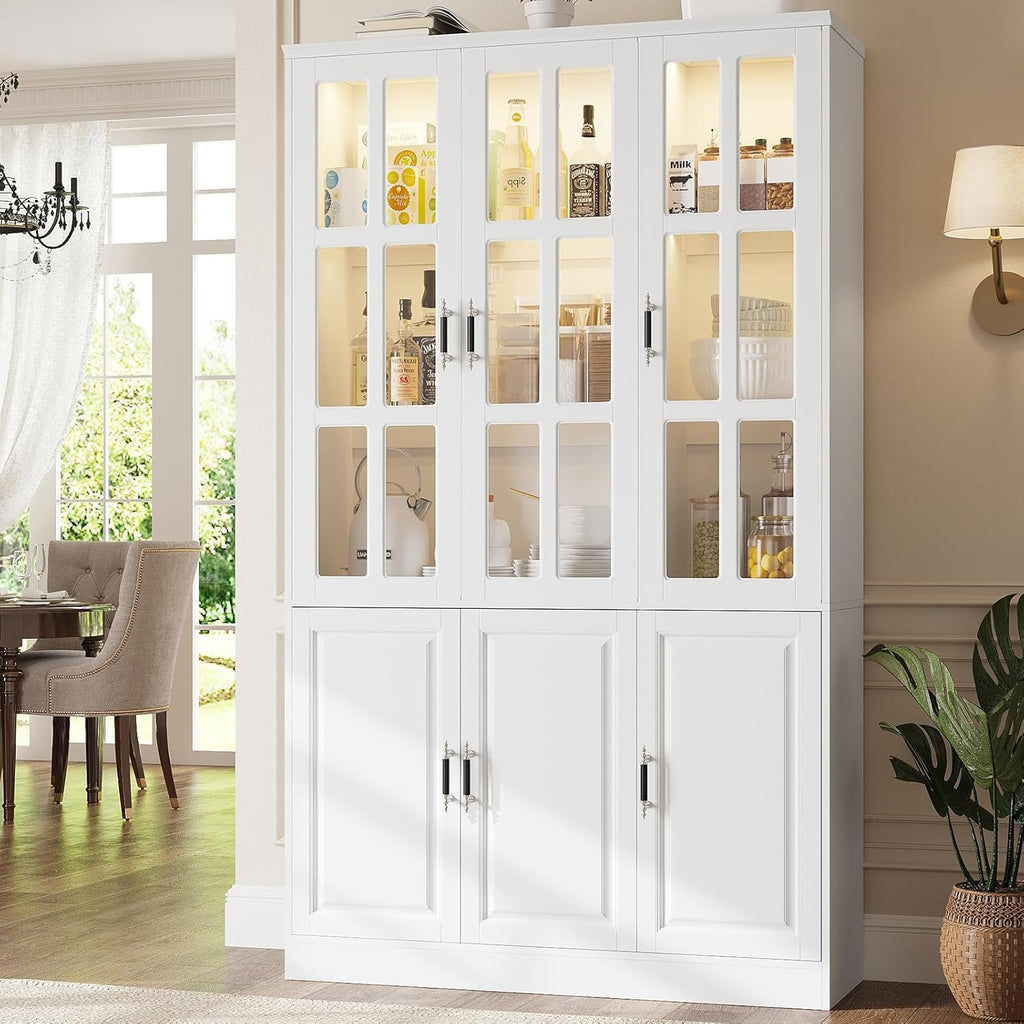 MEISSALIVVE 78.7" Kitchen Pantry Storage Cabinet with LED Lights, Tall Pantry Cabinet with Glass Doors, Kitchen Hutch Utility Pantry, White (47.2" W x 15.7" D)