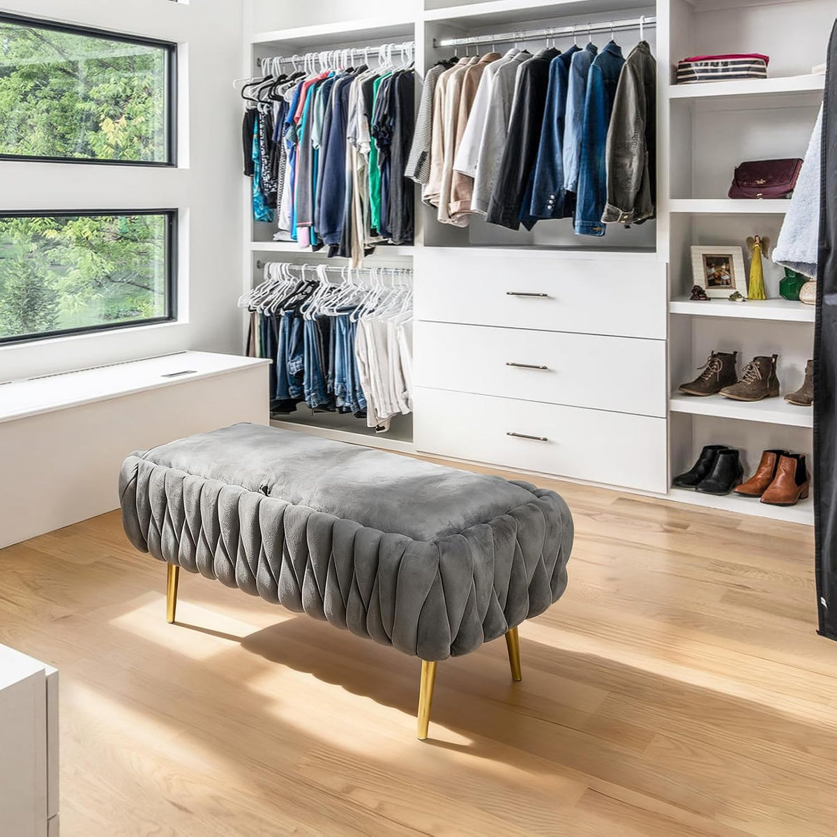 End of Bed Bedroom Storage Bench Upholstered, Hand-Woven Storage Ottoman Bench for Bedroom with Hinged Lid Golden Legs, for Living Room, Entryway Grey