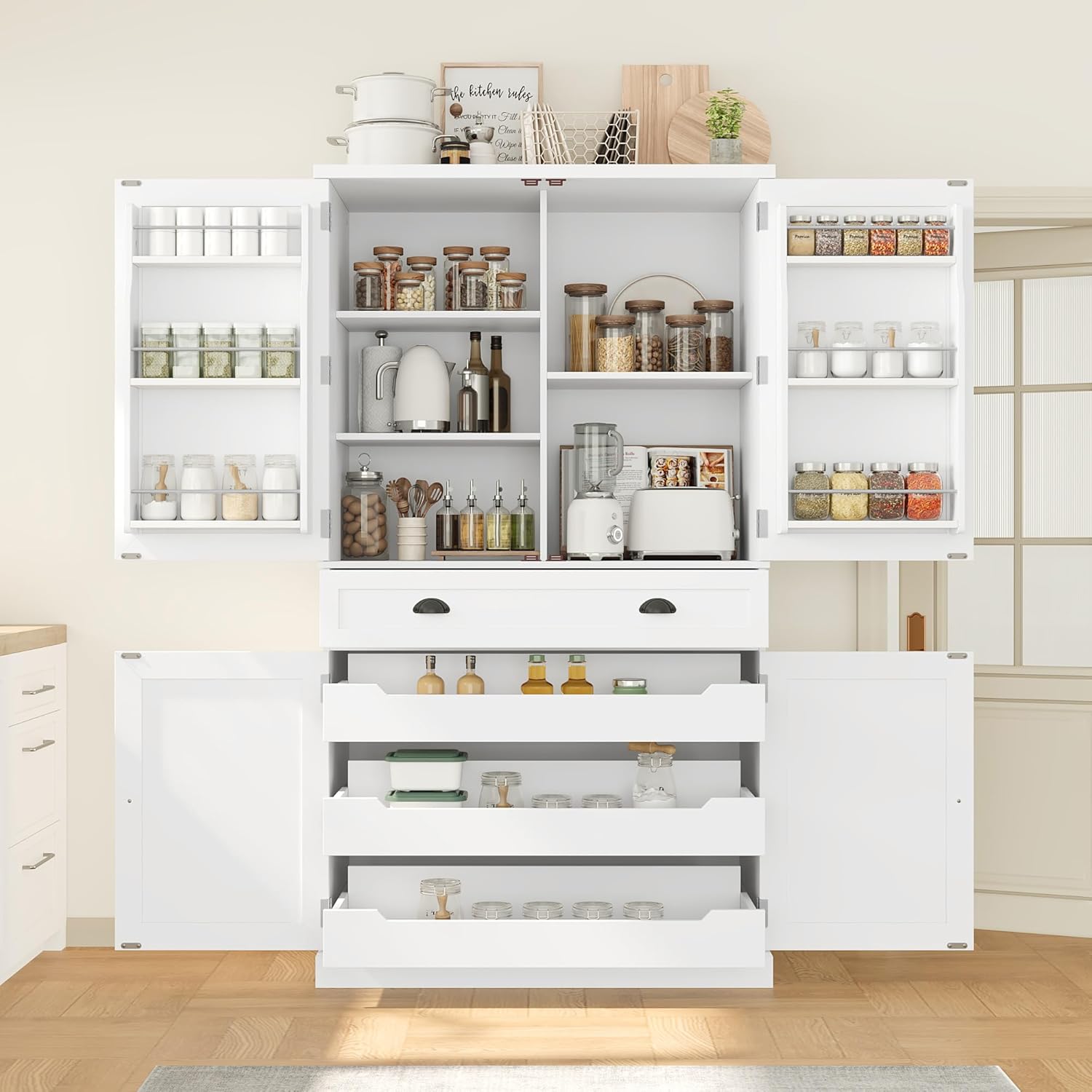Polibi Freestanding Pantry Cabinet with 4 Doors & 1 Drawer, 3 Adjustable Shelves & Pull-Out Trays, Shaker Style Kitchen Storage for Dining Room, Living Room, Entryway (White)