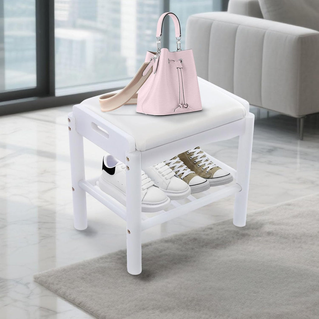 Shoe Bench with Cushion, 2-Tier Bamboo Shoe Rack Bench, Entryway Shoe Storage Organizer with Compartment, Wooden Shoe Storage Bench for Hallway, Living Room, Closet, Bedroom (White)