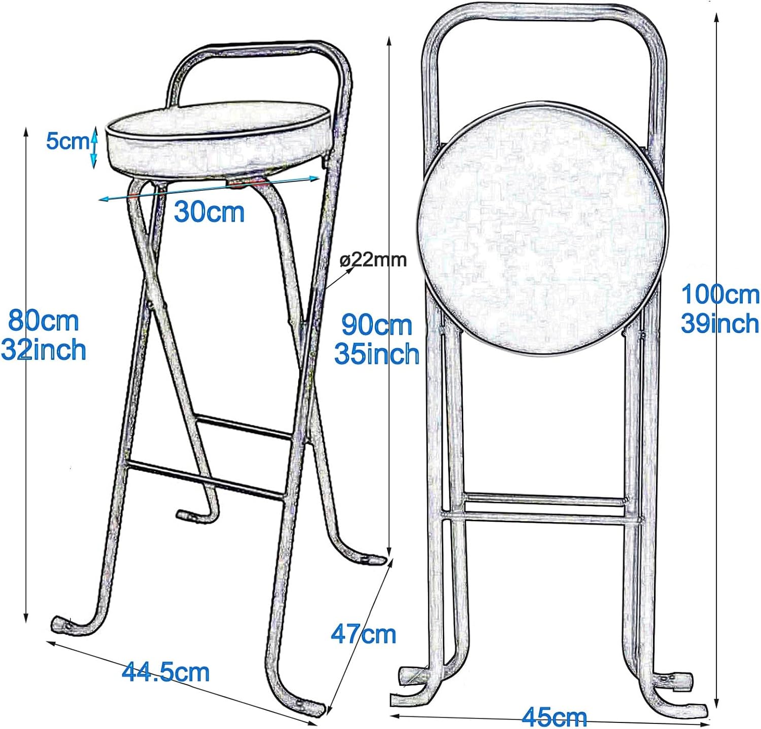 Folding Bar Stool (32inch/80cm)- Comfortable Padded Seat -Kitchen Counter Breakfast Bar Desk Stool Chair - Portable High Chair Stool for Picnic Garden Party (Color : Black B)