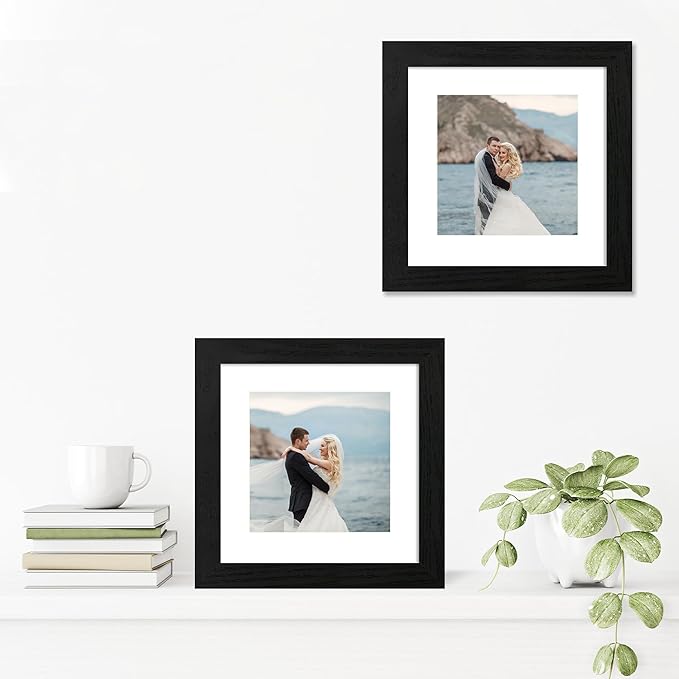 8x8 Picture Frames Set of 4 with High Definition Real Glass, Black Frames Display 6x6 Picture with Mat or 8x8 Without Mat, Wood Square 8 x 8 Photo Frame for Wall Mount and Tabletop Display