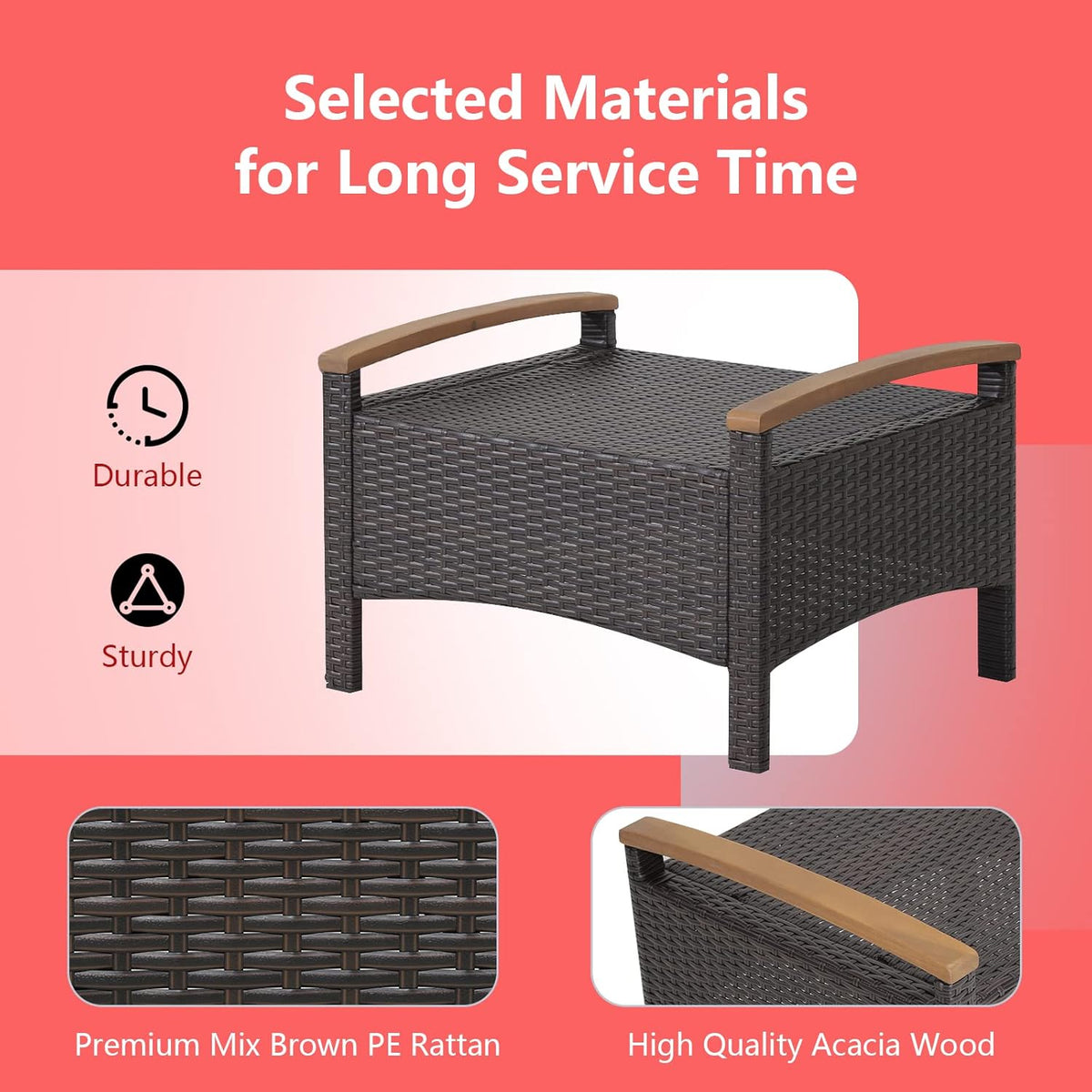 RELAX4LIFE Outdoor Wicker Ottomans for Patio - 2 Pieces PE Rattan Ottoman, Footrest Seat with Zippered Cushions, Acacia Wood Handles, 3-in-1 Footstool, Side Table for Poolside, Backyard (Red)