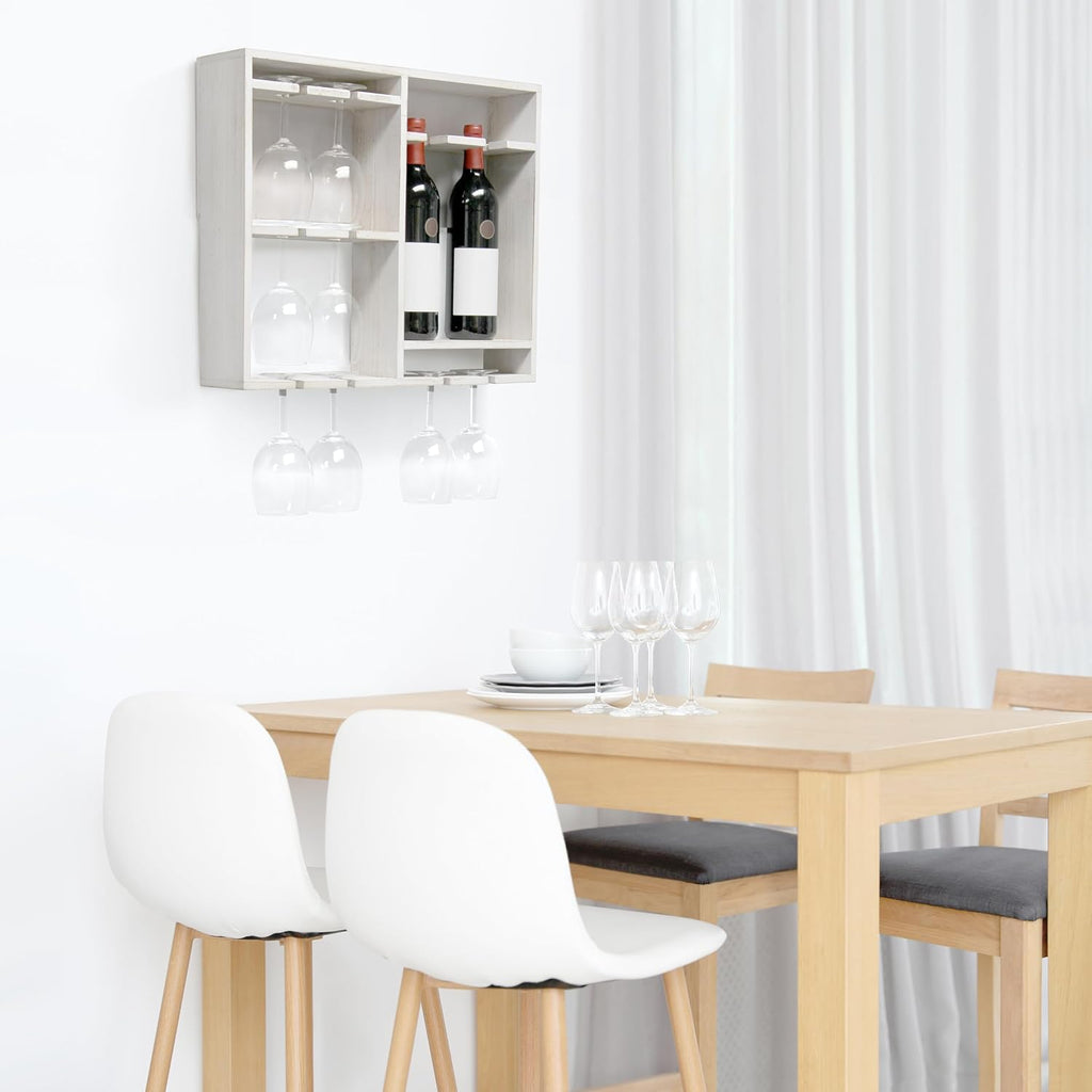 Elegant Designs HG1029-WWH 16.4" Wine & Dine Wooden Wall Mounted Wine Rack Shelf, Stemware Holder, for Dining Room, Bar, Kitchen, White Wash
