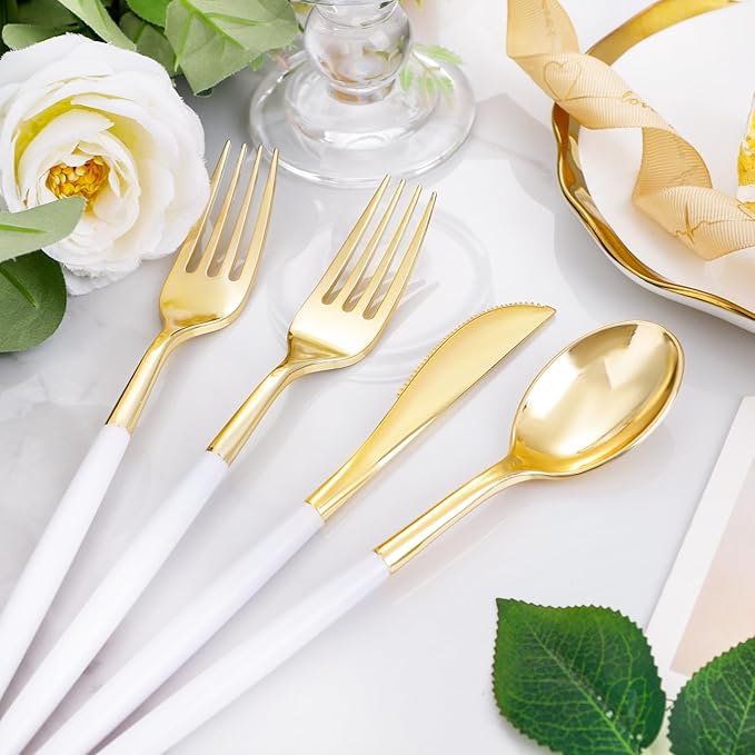 I00000 300 Pcs Gold Plastic Silverware - Gold Disposable Silverware - Premium White Cutlery Set Include 100 Forks 100 Knives 100 Spoons,Plastic Cutlery Party Set for Party & Wedding