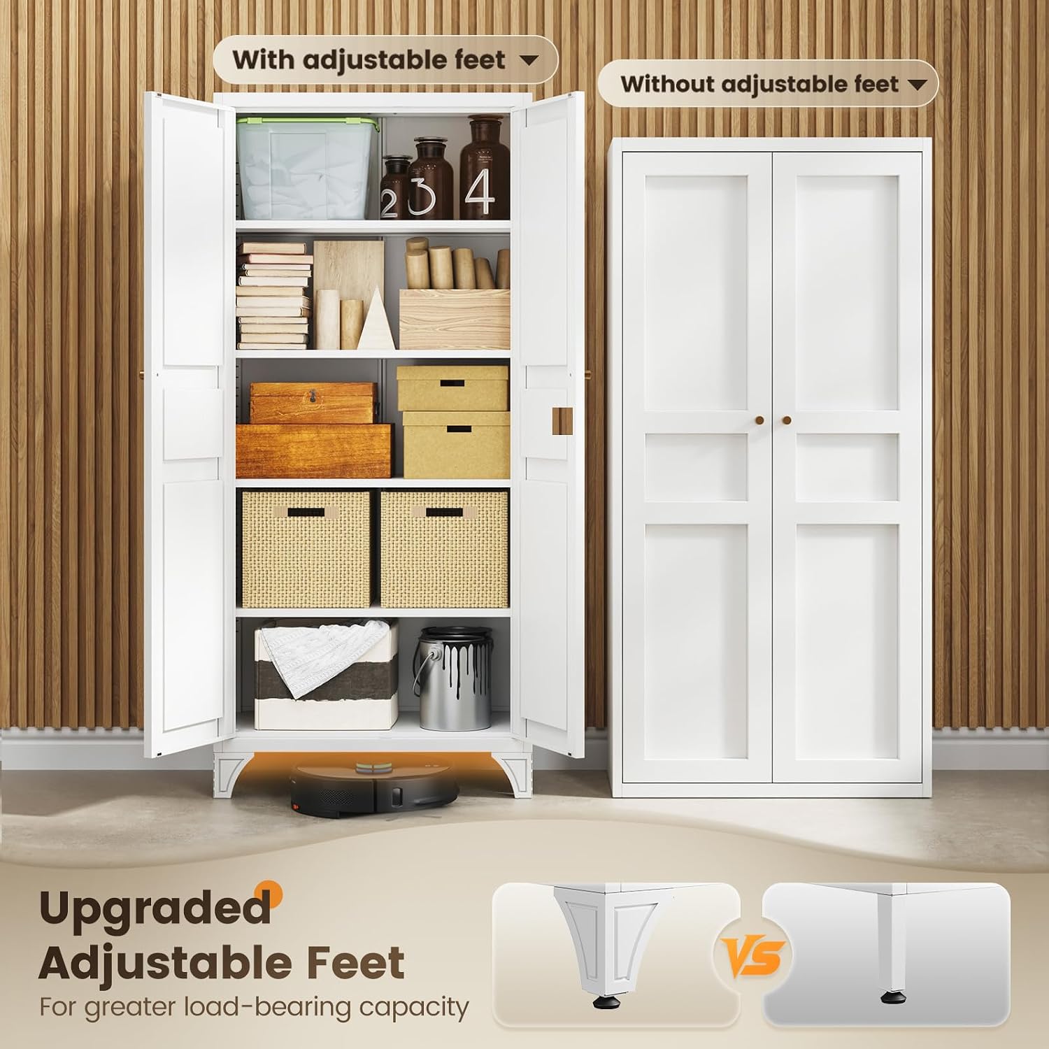 Yizosh Metal Storage Cabinet with 2 Doors and Adjustable Shelves - 61" White Kitchen Pantry Storage Tall Steel Cabinets Locker for Kitchen, Living Room, Dining Room