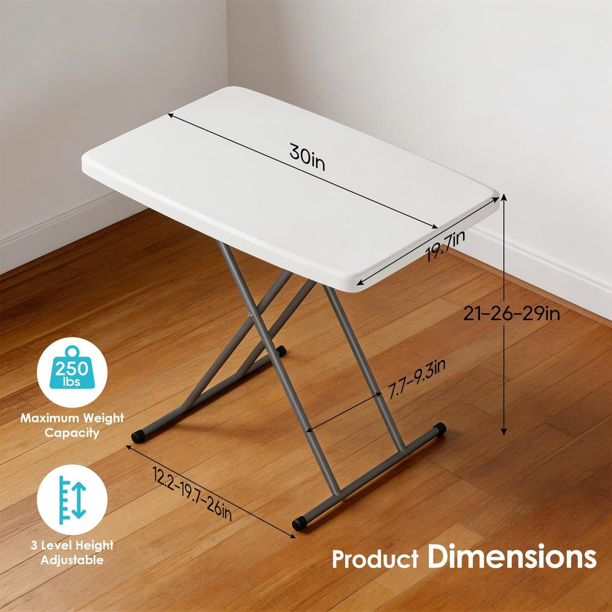 30-Inch Adjustable-Height Folding Table, White HDPE Utility Table for Small Spaces, No Assembly Required – Ideal for Laptop Use, On the Couch, Camping, the Office, and Home Use