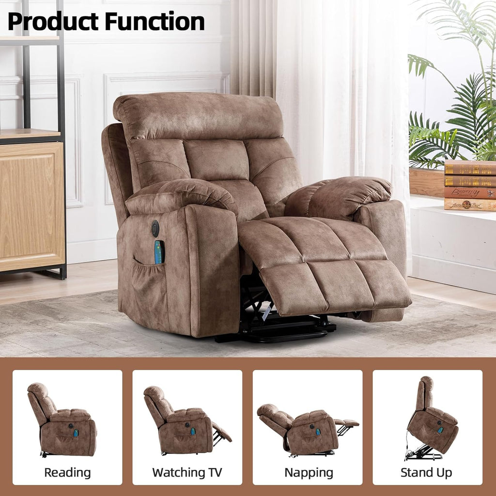 CANMOV Large Power Lift Recliner Chair with Massage and Heat for Elderly Big and Tall People, Overstuffed Wide Recliners with 2 Cup Holders, Side Pocket and USB Port, Camel