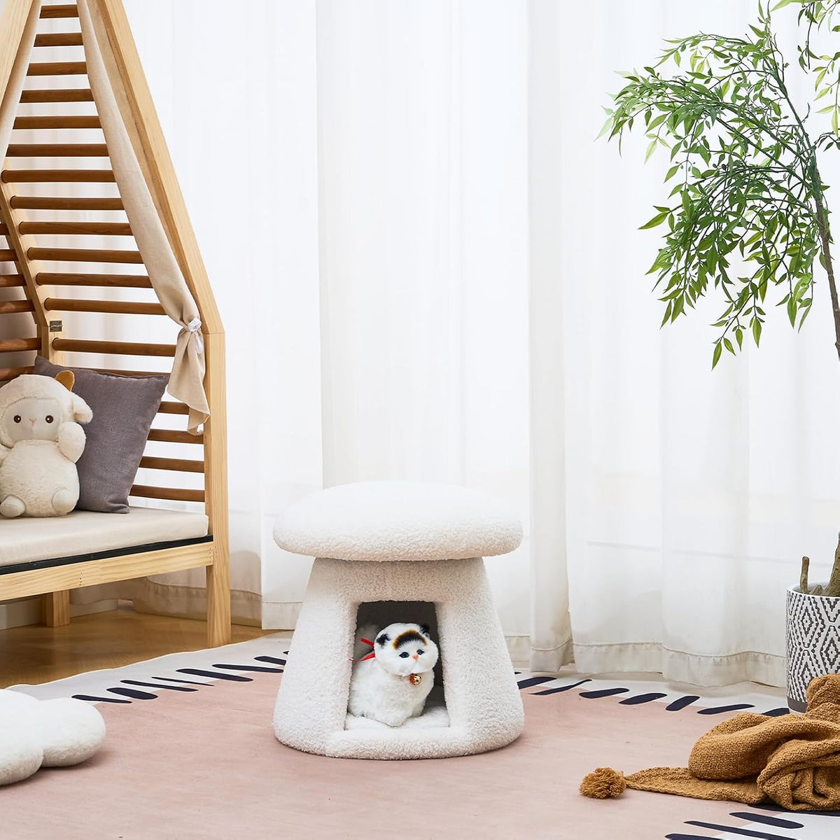Wimarsbon Mushroom Ottoman, Multifunctional Teddy Velvet Footrest with Wood Frame, Round Vanity Chair with Cozy Hideaway Bed for Small Pets Suitable for Living Room, Bedroom, and Entryway (White)