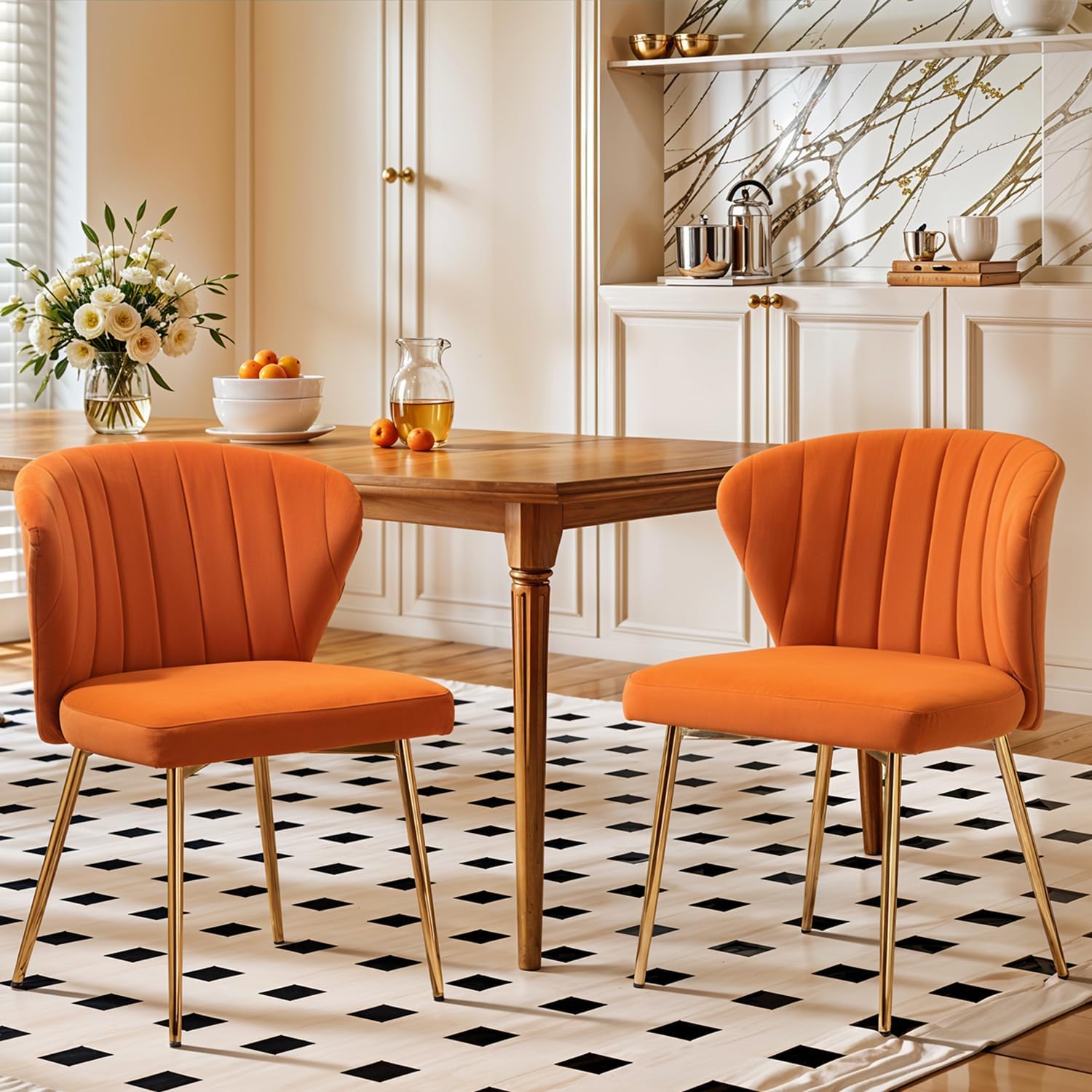 Velvet Dining Chairs Set of 2, Modern Upholstered Vanity Chairs with Golden Metal Legs for Dining Room Kitchen Vanity Patio (Orange)