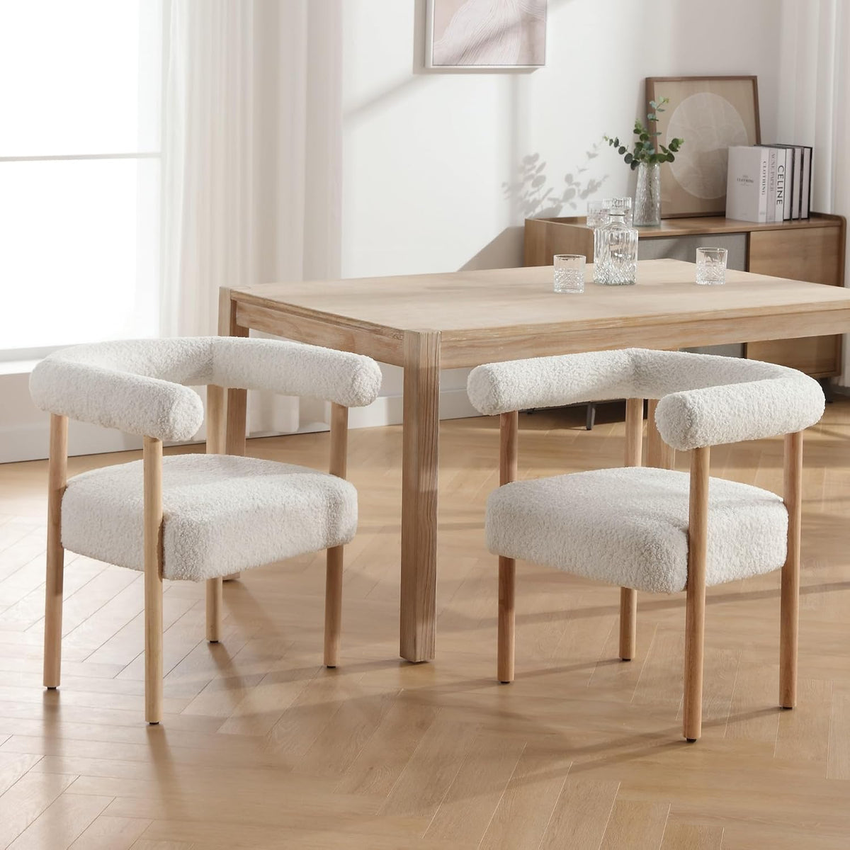 BESTANO Mid-Century Modern Dining Chairs Set of 2 Armrest Barrel Dining Chairs Side Chairs with Curved Back, Upholstered Wood Armchairs for Kitchen, Sherpa White
