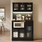 71" Kitchen Hutch Cabinet with Storage for Living & Dining Room, Kitchen Pantry Cabinet with LED Light & Outlet, Black and Walnut