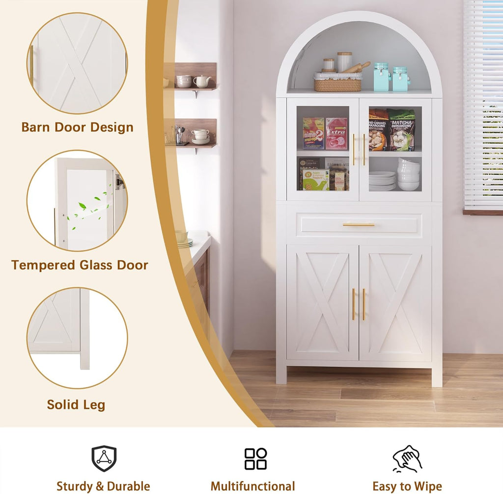 roomfitters 71" Tall Arched Farmhouse Pantry Cabinet with Glass Barn Doors & Pull-Out Drawer, White