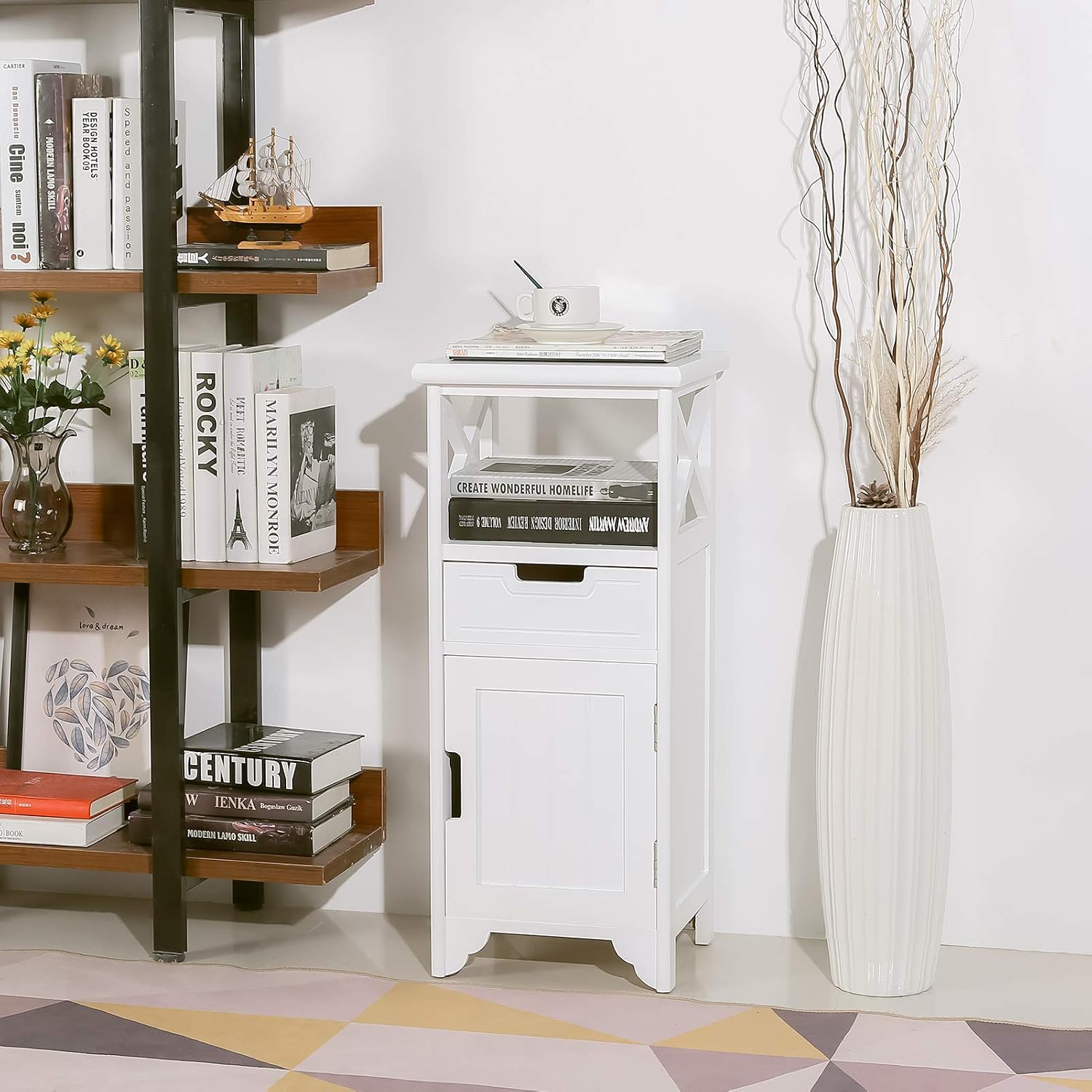 30" High Fully Assembled Nightstand with Drawer and Doors,Solid Wood,White | 30Inch Height Pre-Assembled Side End Table, No Assembly Bathroom Cabinet, Open Shelf, Slim Floor Standing Storage Cabinet