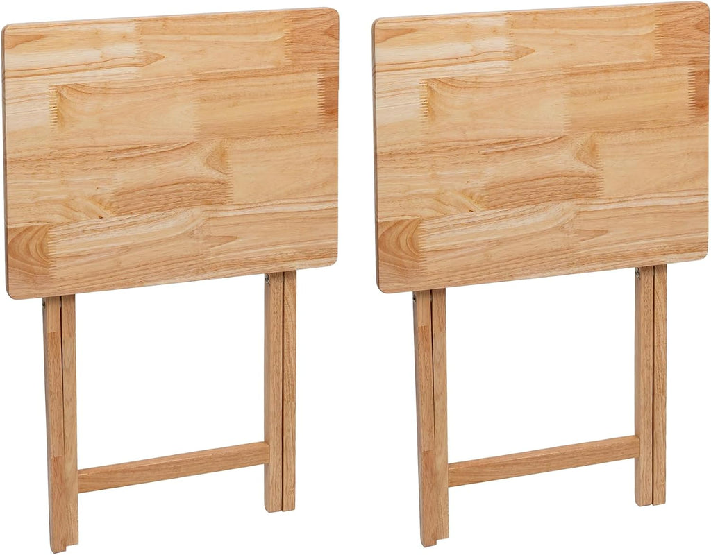 (2 Pcs) 26" Folding Tray Tables, Solid Rubberwood, Small Folding Table,Natural Wood Finish