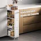KLM 4 Tier White Slim Storage Cart with Handle, Slide Out Storage Rolling Utility Cart for Kitchen, Laundry, Narrow Places-6.7" W