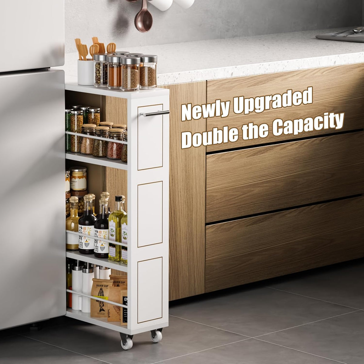 KLM 4 Tier White Slim Storage Cart with Handle, Slide Out Storage Rolling Utility Cart for Kitchen, Laundry, Narrow Places-6.7" W