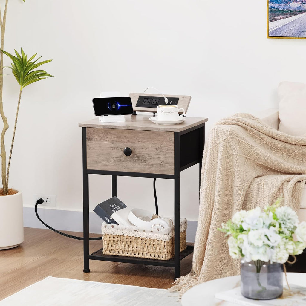 AMHANCIBLE Night Stand, End Tables Living Room Set of 2, Small Nightstand with Charging Station, Slim Bed Side Table with Fabric Storage Drawer for Bedroom, Small Space, Greige, HET03SDPGY