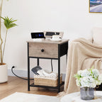 AMHANCIBLE Night Stand, End Tables Living Room Set of 2, Small Nightstand with Charging Station, Slim Bed Side Table with Fabric Storage Drawer for Bedroom, Small Space, Greige, HET03SDPGY