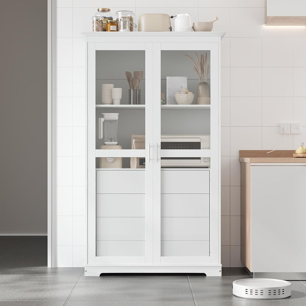 roomfitters 75" Kitchen Pantry, Freestanding Storage Cabinet Display Cabinet with Glass Doors and 4 Drawers, White