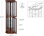 BELLEZE Lighted Wooden Corner Display Curio Cabinet, Two Section Shelving Unit with Tempered Glass Door, Bar and Liquor Storage Area with 6 Shelves - Lorona (Walnut)