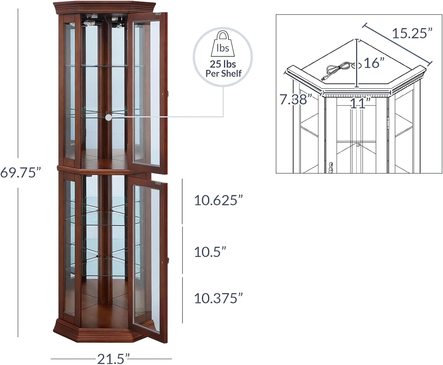 BELLEZE Lighted Wooden Corner Display Curio Cabinet, Two Section Shelving Unit with Tempered Glass Door, Bar and Liquor Storage Area with 6 Shelves - Lorona (Walnut)