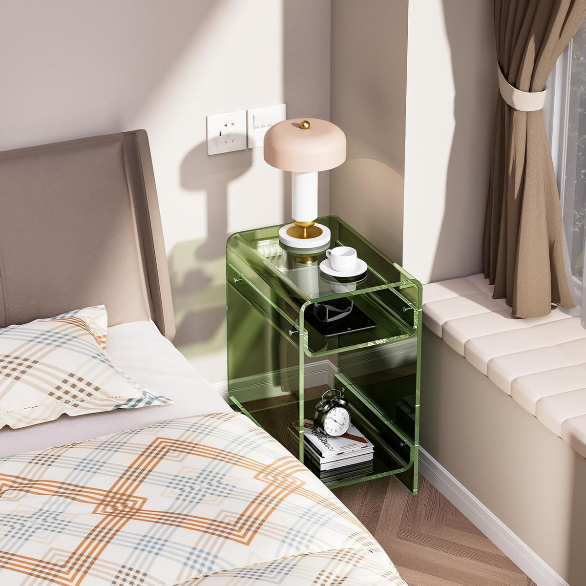 Clear Acrylic Side Table, Narrow Nightstand Bedside Table for Bedroom, Skinny Small End Table (Green Wide, 11.8'' x 15.7'' x 21.7")