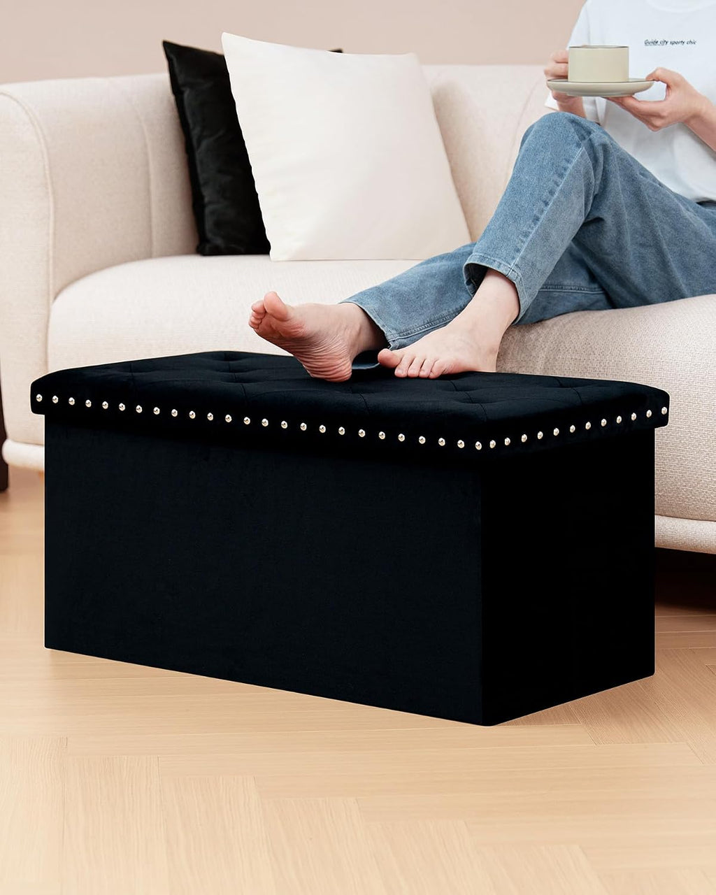 B FSOBEIIALEO Storage Ottoman Bench, 30" Velvet Ottoman with Storage, Black | Storage Chest, Luxury Tufted Foldable Long Storage Bench for Bedroom , Living Room, Entryway, End of bed
