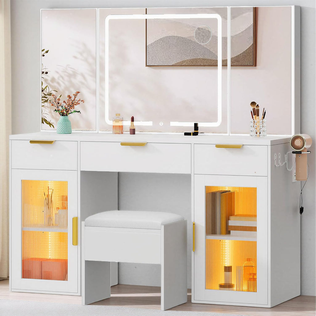 DWVO 56" LED Vanity Desk with Tri‑Fold Mirror & Lights | Makeup Vanity Desk with Drawers