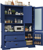 Large Pantry Storage Cabinet with Adjustable Shelves and Drawers, Freestanding Buffet Cabinet Cupboard with Hutch and Door Shelf for Dining Room, Kitchen (Blue)