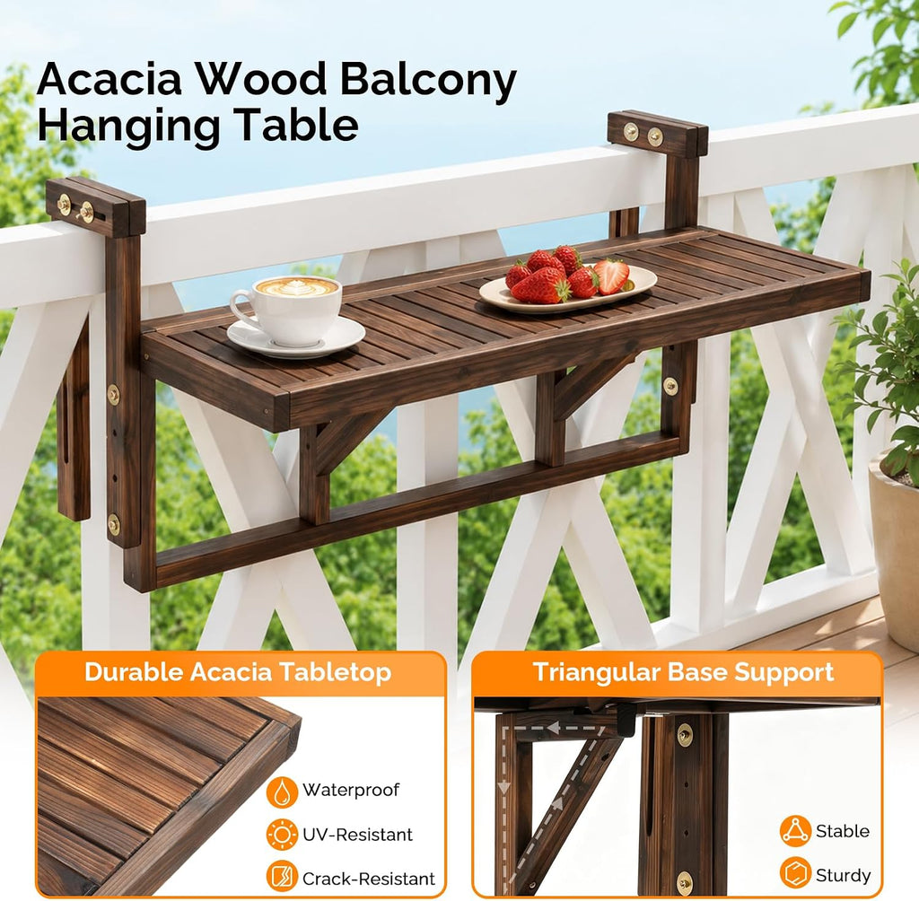 VINGLI 48in Acacia Wood Folding Balcony Hanging Table – Adjustable Height & Width, Balcony Railing Table Ideal for Different Railing Widths, Perfect for Balcony, Patio, Rectangular,Carbonized Color