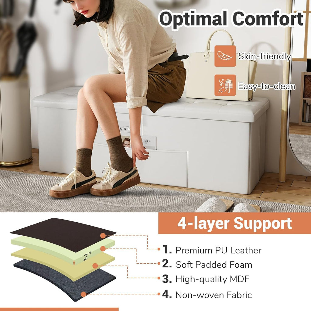 43 Inches Folding Storage Ottoman Bench, Foldable Foot Rest Stool End of Bed Bench with Side Pocket, Storage Chest for Living Room, Entryway & Bedroom (White)