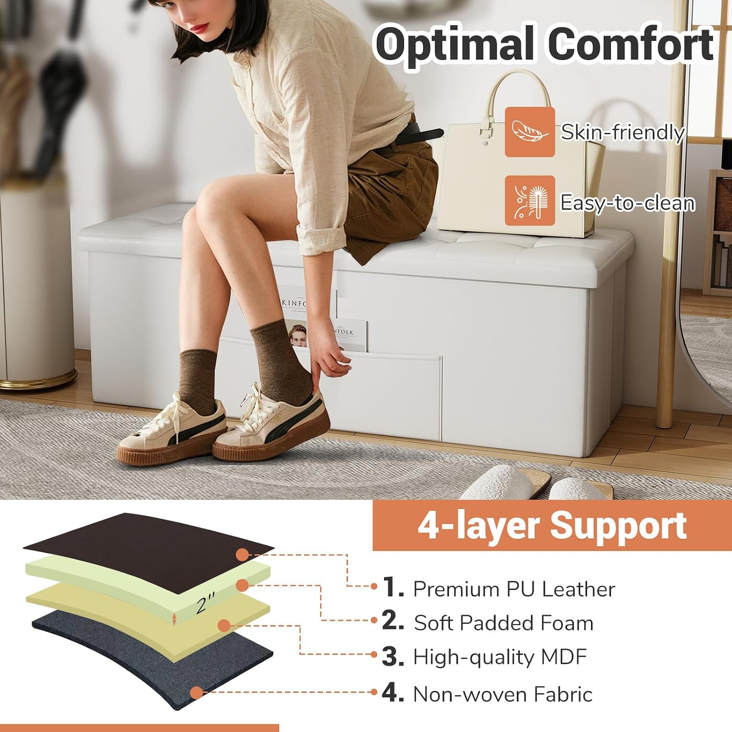 43 Inches Folding Storage Ottoman Bench, Foldable Foot Rest Stool End of Bed Bench with Side Pocket, Storage Chest for Living Room, Entryway & Bedroom (White)