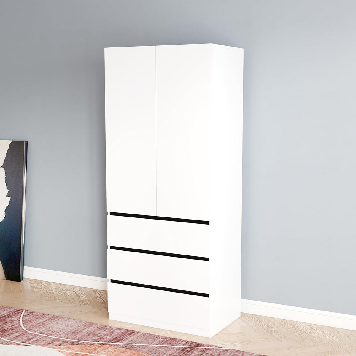 Large Armoire Wardrobe Closet: 75" White Armoire Wardrobe Closet with Doors, Wood Closets with Storage Cabinet, Tall Bedroom Armoires for Hanging Clothes (2+2, 63")