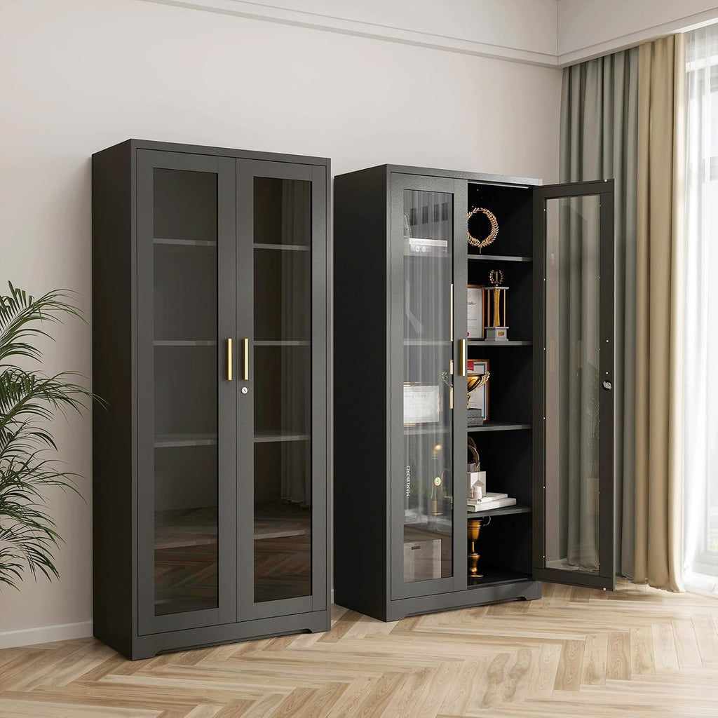Glass Display Cabinet, 71" Tall Metal Curio Cabinet with Glass Doors, Black Display Case, Storage Cabinets with 4 Adjustable Shelves, Locking Storage Cases for Hallway, Kitchen, Living Room