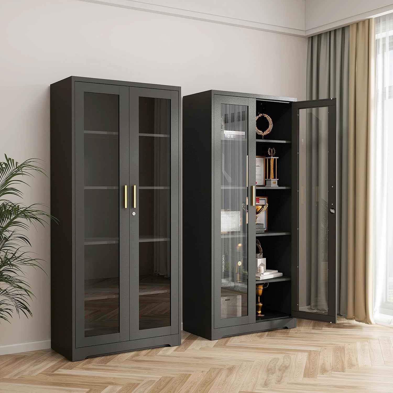 Glass Display Cabinet, 71" Tall Metal Curio Cabinet with Glass Doors, Black Display Case, Storage Cabinets with 4 Adjustable Shelves, Locking Storage Cases for Hallway, Kitchen, Living Room