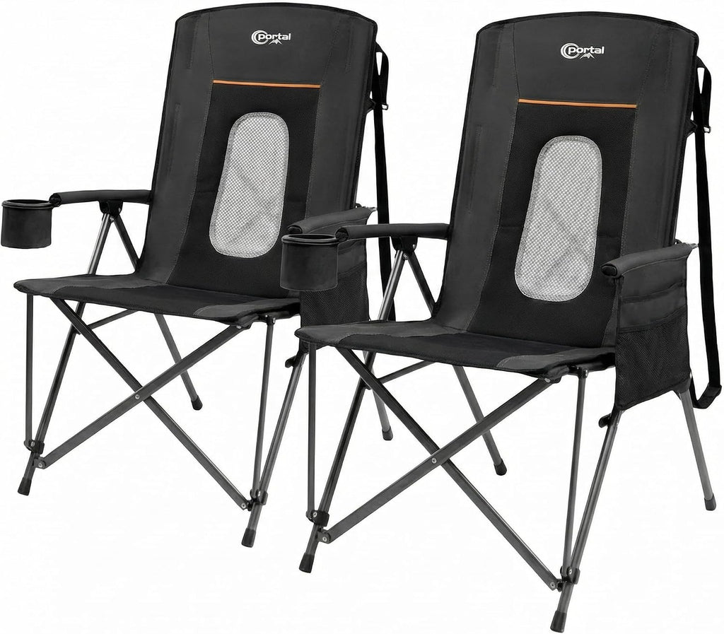 Portal Oversized Folding Camping Chair High Back Portable Lawn Chairs for Adults Outdoor Sports with Hard Armrest Cup Holder，Supports 400LBS, 2P Black
