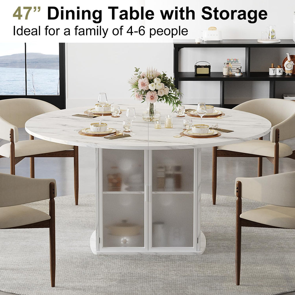 IBF 47" Round Dining Table with Storage, White Faux Marble Kitchen Tables for 4-6 People, Modern Dining Room Table with Fridge Space, Wood Circle Dinner Tables for Home, White Marble, Only Table
