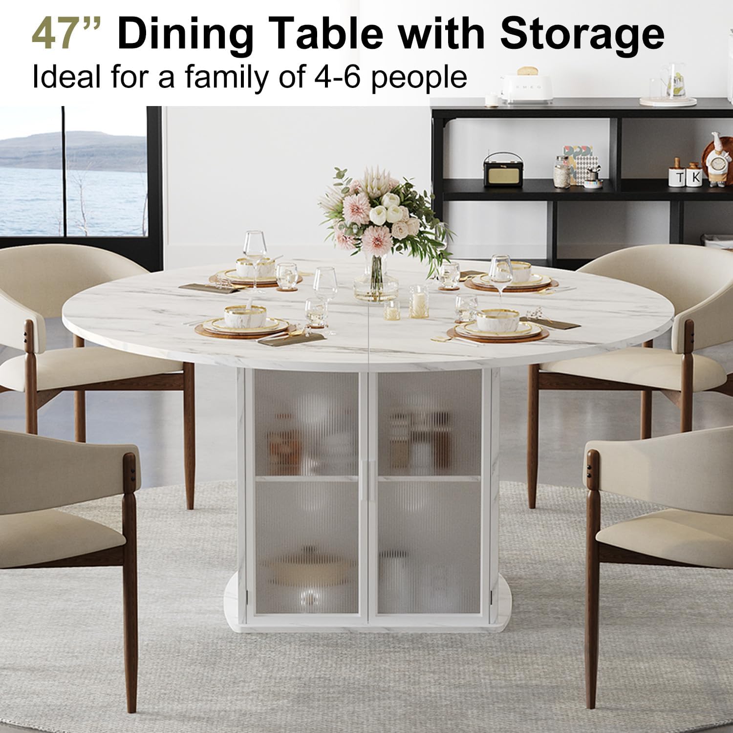 IBF 47" Round Dining Table with Storage, White Faux Marble Kitchen Tables for 4-6 People, Modern Dining Room Table with Fridge Space, Wood Circle Dinner Tables for Home, White Marble, Only Table