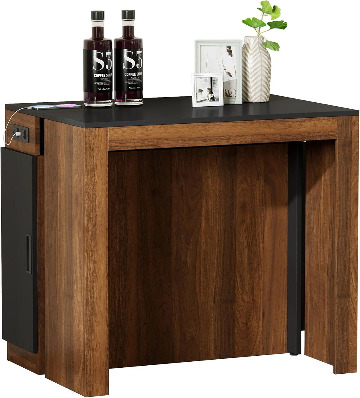 Transforming Table Extender for Dining Table, Pull Out Table, Transformer Console with Storage & Built-in Outlet, Folding Dining Table for 12, Walnut Black