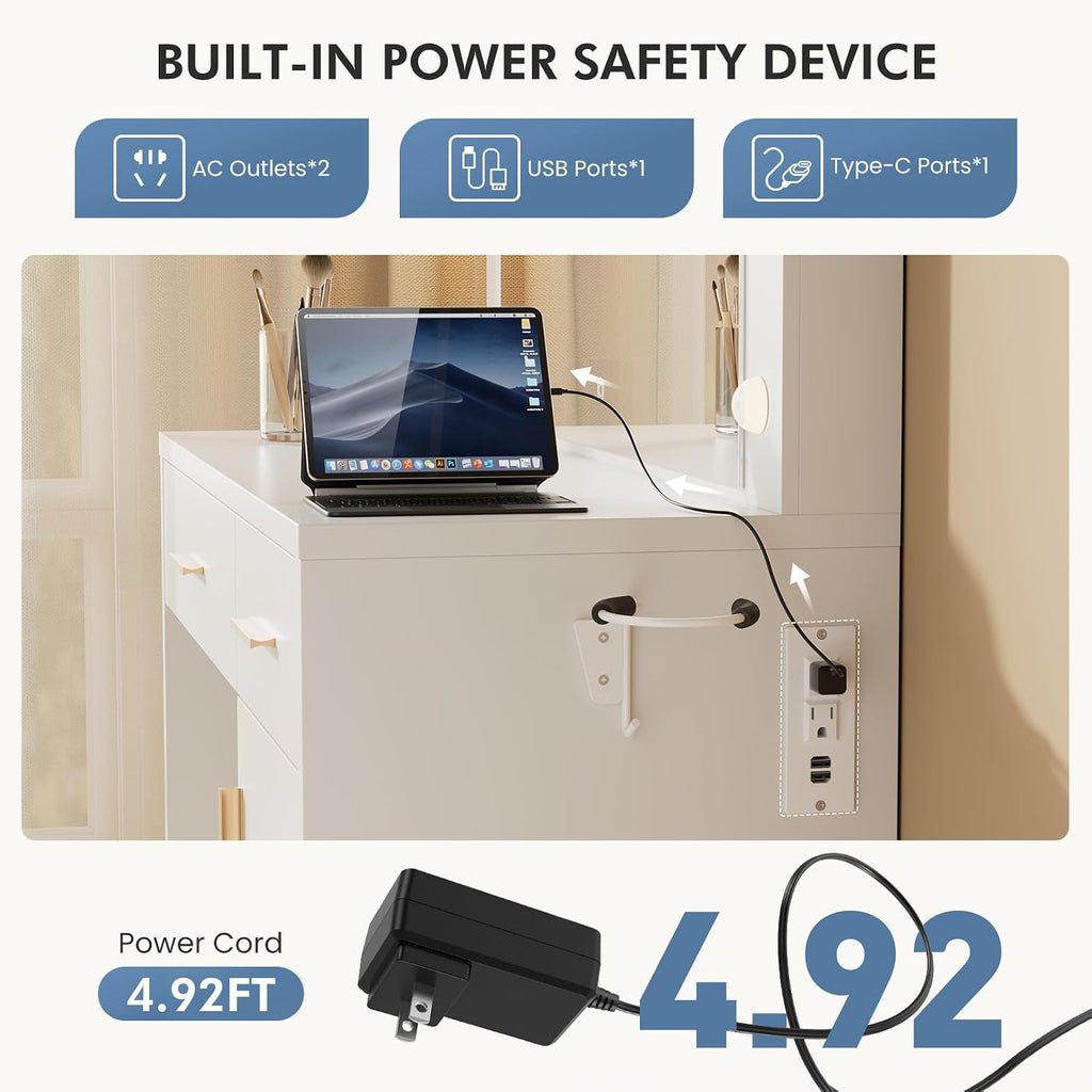 DUMOS Makeup Vanity Desk with Mirror and Lights, Charging Station | 11 LED Bulbs, Dressing Table, Large Cabinet, 2 Drawers, USB-C Power Outlet, 3 Color Adjustable Lighting, White