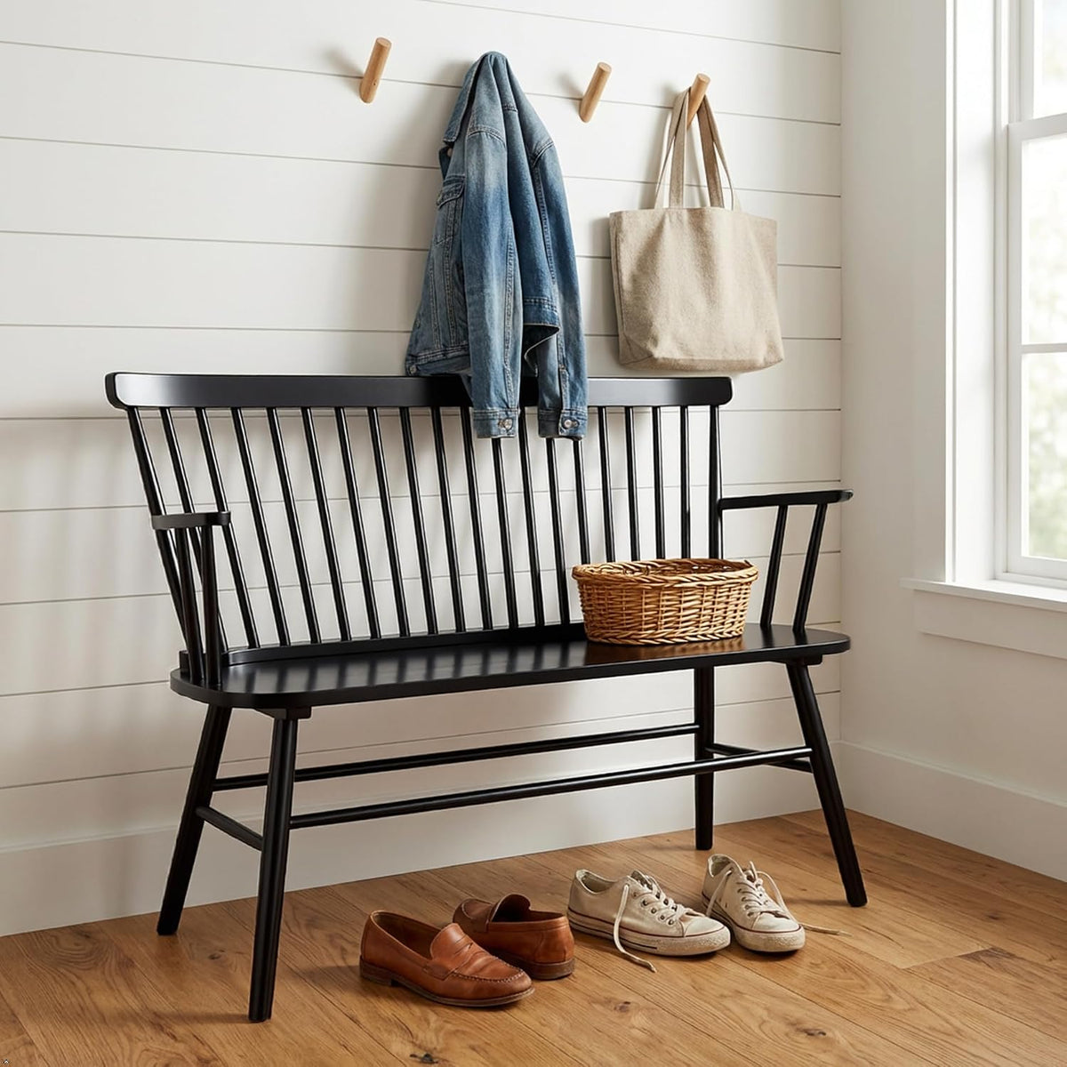 EpiBench Black Windsor Spindleback Bench with Arms, Manufactured Wood, 47.5", 300 LBS Capacity, Entryway Seating