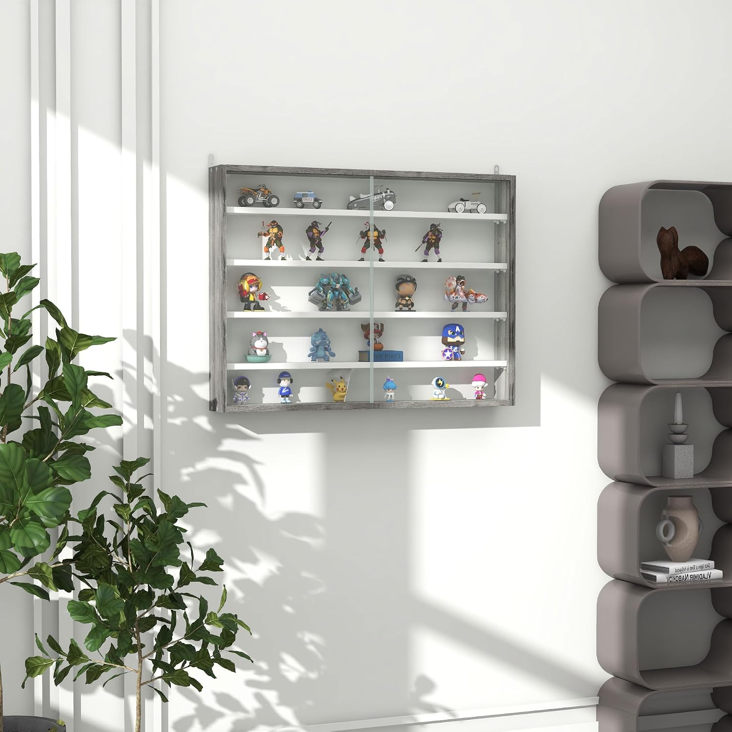 HOMCOM 5-Storey Wall Shelf Display Cabinet, Shot Glass Display Case, Glass Curio Cabinet with 2 Glass Doors and 4 Adjustable Shelves, Grey and White