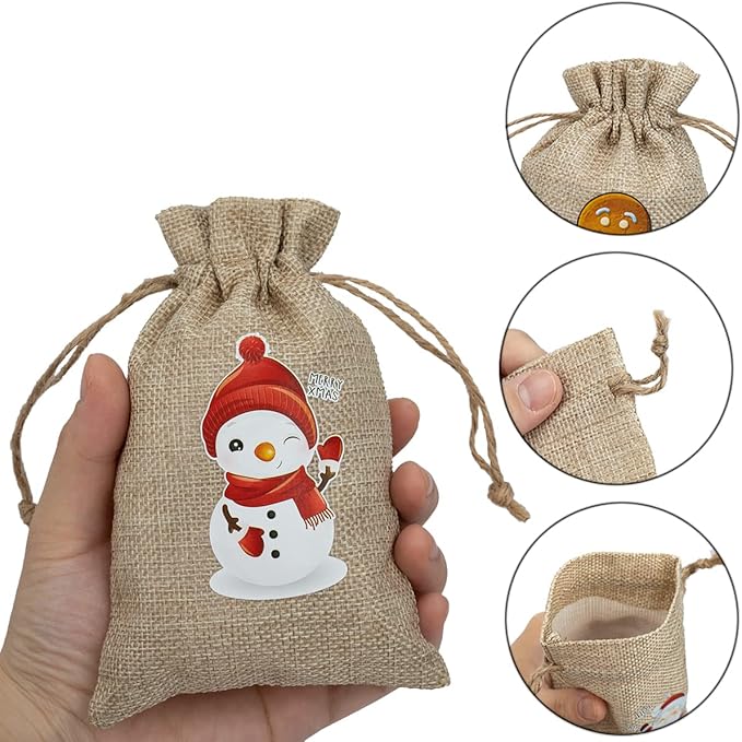 ARTLYMERS 24 Pack Christmas Jute Burlap Bags, Christmas Drawstring Gift Bags for Xmas Presents Holiday Party Favor Treats Candy, 6 Designs