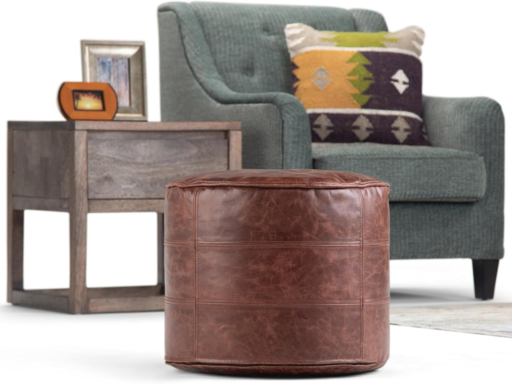 SIMPLIHOME Connor 18" Wide Round Pouf in Distressed Brown Genuine Leather | Boho footstool, extra seating for living room or bedroom with polystyrene filling, assembled; pouf ottoman or floor cushion.