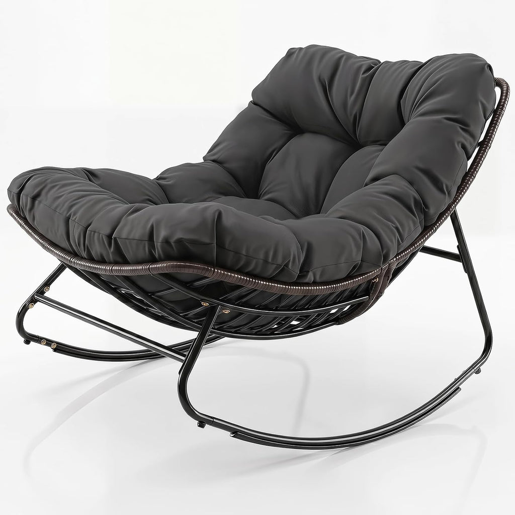 Tangkula Outdoor Papasan Rocking Chair, Oversized Egg-Shaped Rocker with Thick Cushioned Seat, Heavy Duty Metal & Weather-Resistant Wicker Frame, Non-Slip Pads for Patio, Balcony, Garden (Gray)